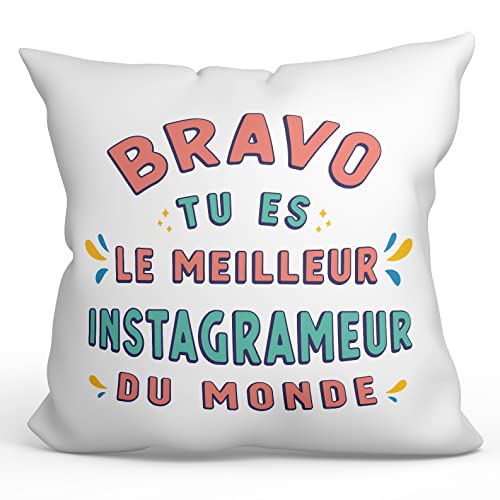 MUGFFINS Cojín 40x40 cm para INSTAGRAMMER Hombre Relleno Incluído - En Francés - Bravo tu es le Meilleur - Regalo Original y Divertido