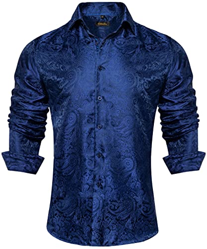 DiBanGu Men's Silk Navy Blue Paisley Dress Shirt Casual Formal