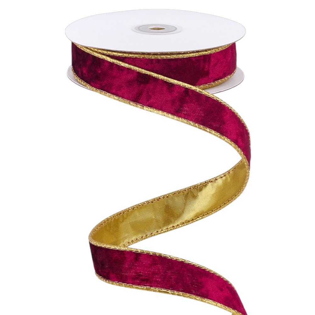MAYJOYDIY 9.1m Wine Red and Gold Velvet Wired Ribbon 25mm Wide Single Sided Velvet Decorative Ribbon with Gold Back for Christmas Tree Garland Wreath Party Decoration Gift Wrappings