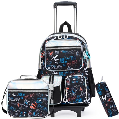 Mochila de rodinhas para meninos de 6 a 8 anos com rodas Mochila infantil para meninos com bolsa para lanche Mochila com estojo para lápis para escola Ensino fundamental Jardim de escolar de