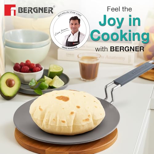 Image of BERGNER Tri-Ply Argent Ceramica 28cm Roti Tawa with Ceramic Coating, Non-Stick Large Roti Tawa with Stay Cool Handle, PFOA Free, Durable, Food Safe, Even and Faster Heating - Induction Compatible