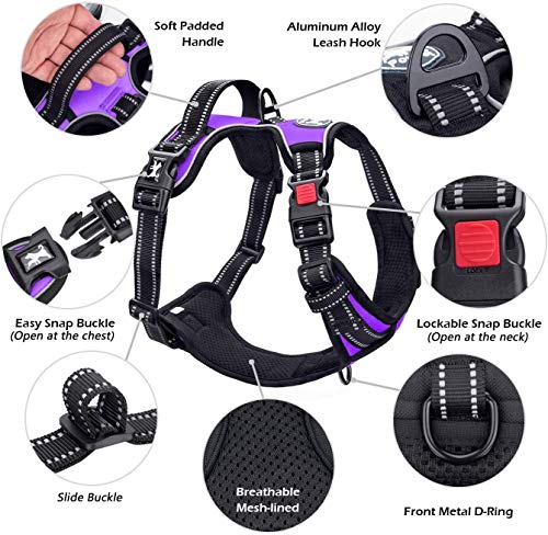 Image of PoyPet No Pull Dog Harness, No Choke Front Lead Dog Reflective Harness, Adjustable Soft Padded Pet Vest with Easy Control Handle for Small to Large Dogs(Purple,XS)