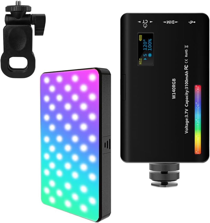 RGB Video Light with Multi Functional Stand, 140 Lamp Beads 360° Full Color LED Camera Light with 3 Cold Shoe CRI≥95 2500K-9000K±200K, 2000mAh Rechargeable Photography Lighting with 20 Scene Modes