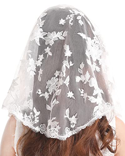 Mantveil Girls First Communion Veil Catholic Chapel Mass Headpiece Church Lace Flower Girl Head Covering for Kid (White)