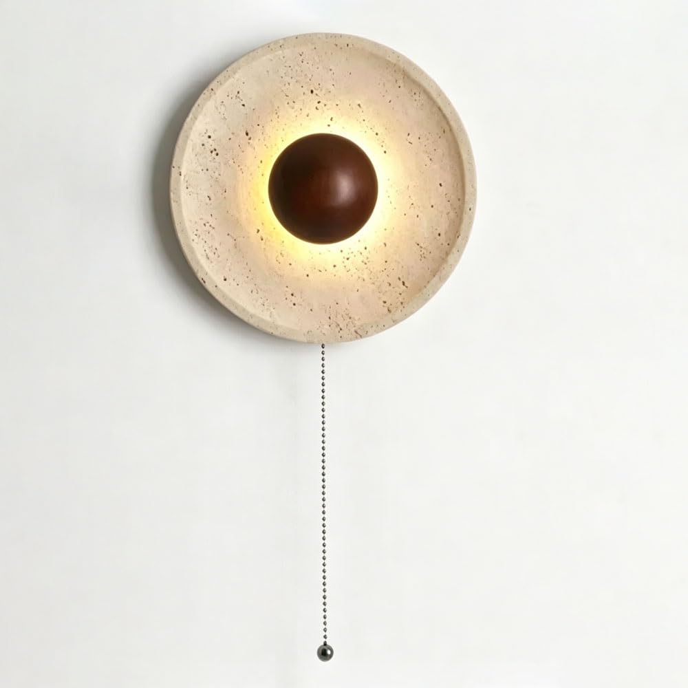 Luoyaob A Yellow Travertine Marble Wall Sconce Round Natural Stone Wall Lamp Japanese Style Indoor Lighting Fixture Decorative Wall Light For Bedroom Living Room Corridor Hotel(,Walnut)