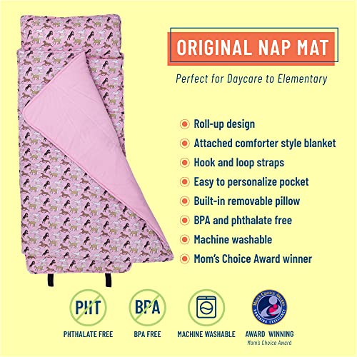 Image of Original Nap Mat, Wildkin Children's Original Nap Mat with Built in Blanket and Pillowcase, Pillow Insert Included, Premium Cotton and Microfiber Blend, Children Ages 3-7 years - Horses in Pink