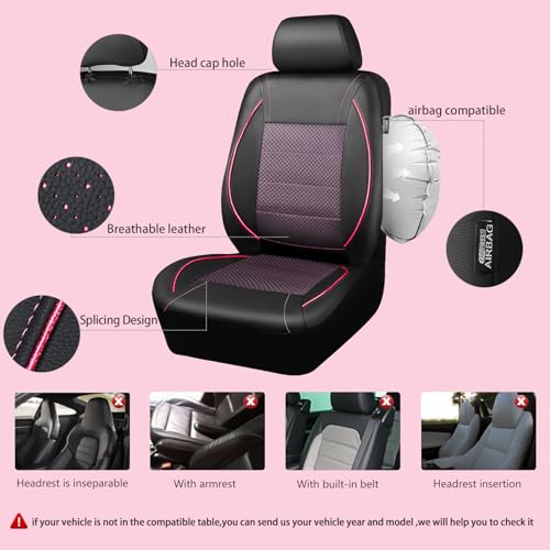 Image of CAR PASS Piping PU Leather Car Seat Cover Full Set,Inside Zipper Design and Reserved Opening Holes,Airbag Compatible,Universal FIT for Car, SUVs,Van,Trucks(Full Set, Black & Pink)