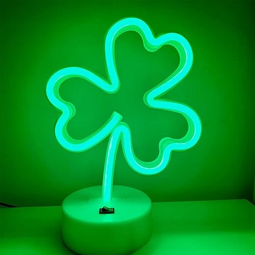 Miniatura 2 de ENUOLI Letreros de neón LED con forma de trébol, luces decorativas verdes, funciona con USBbatería, luces de decoración con base, letrero de neón de