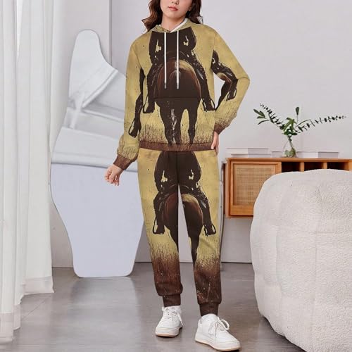 Boys Girls Sweatshirt Set 2 Piece Pullover Hoodie Kid Jogger Sweatpants, Western Cowboy Horse West Vintage2