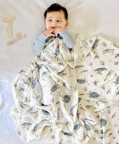 Image of LifeTree Baby Swaddle Blankets, Boys Girls Muslin Swaddling Wrap Receiving Blanket for Newborn, 70% Viscose from Bamboo and 30% Cotton, Large 47 inch x 47 inch, Sea Turtle and Blue Checkered