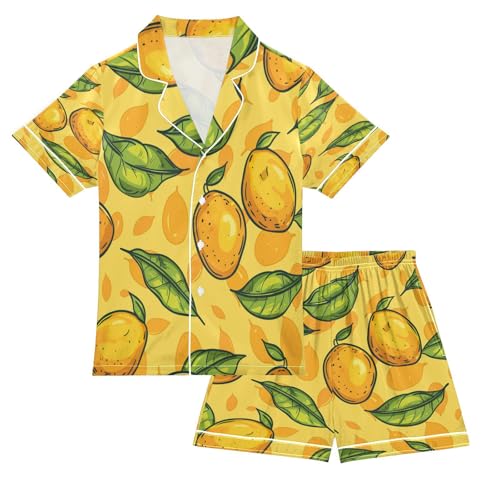 Satin Pajama Sets Short Sleeve Lemon Leaf Pattern Button Down Silky Nightwear 2 Piece PJS 5-14Y