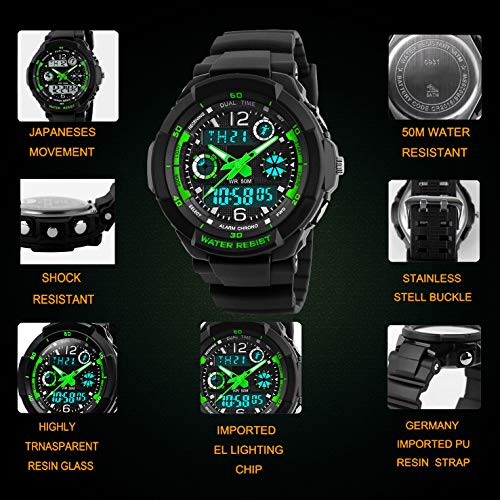VDSOW Digital Reloj de Pulsera para niños - 50 m Impermeable Deportes al Aire Libre analógico Reloj con Alarma/Temporizador/Dual Tiempo Zona/luz LED electrónico para niños - imagen 6