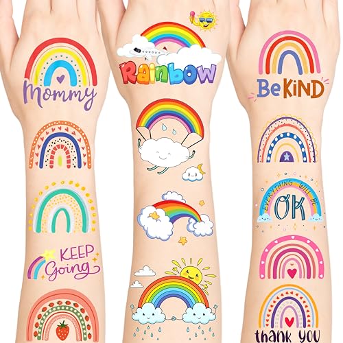 96 PCS Rainbow Tattoos for Kids, Girl Temporary Tattoos for Kids, Rainbow Party Decorations,...