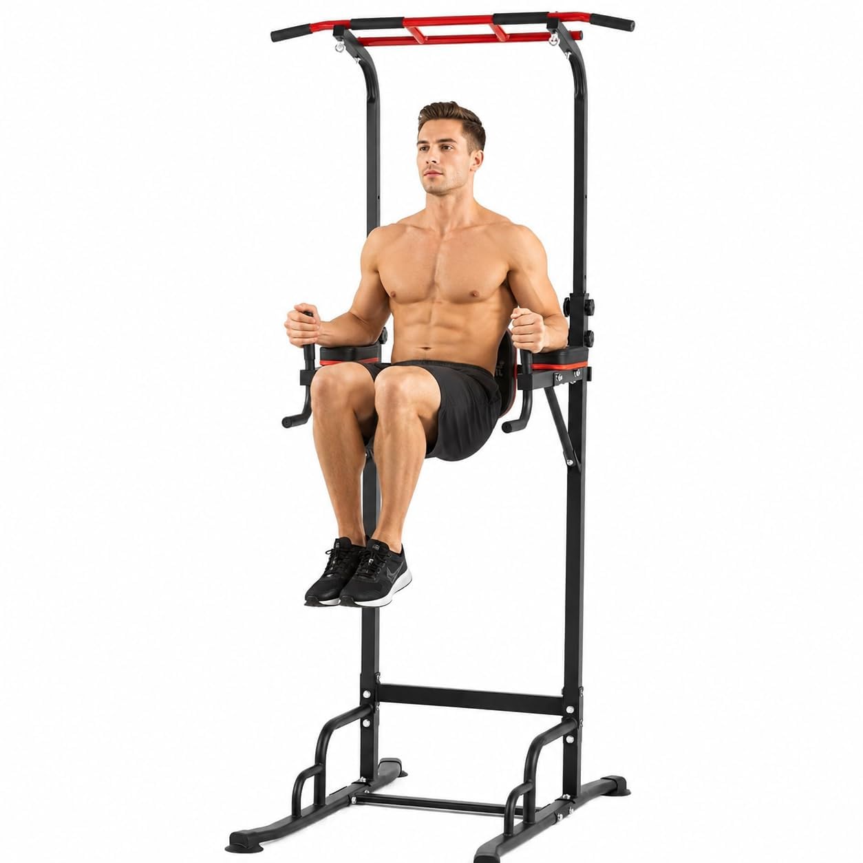 Power Tower Multifunzione Sbarra Trazioni Autoportante Regolabile 165-240 cm, Acciaio, Nero e Rosso, 120x80 cm