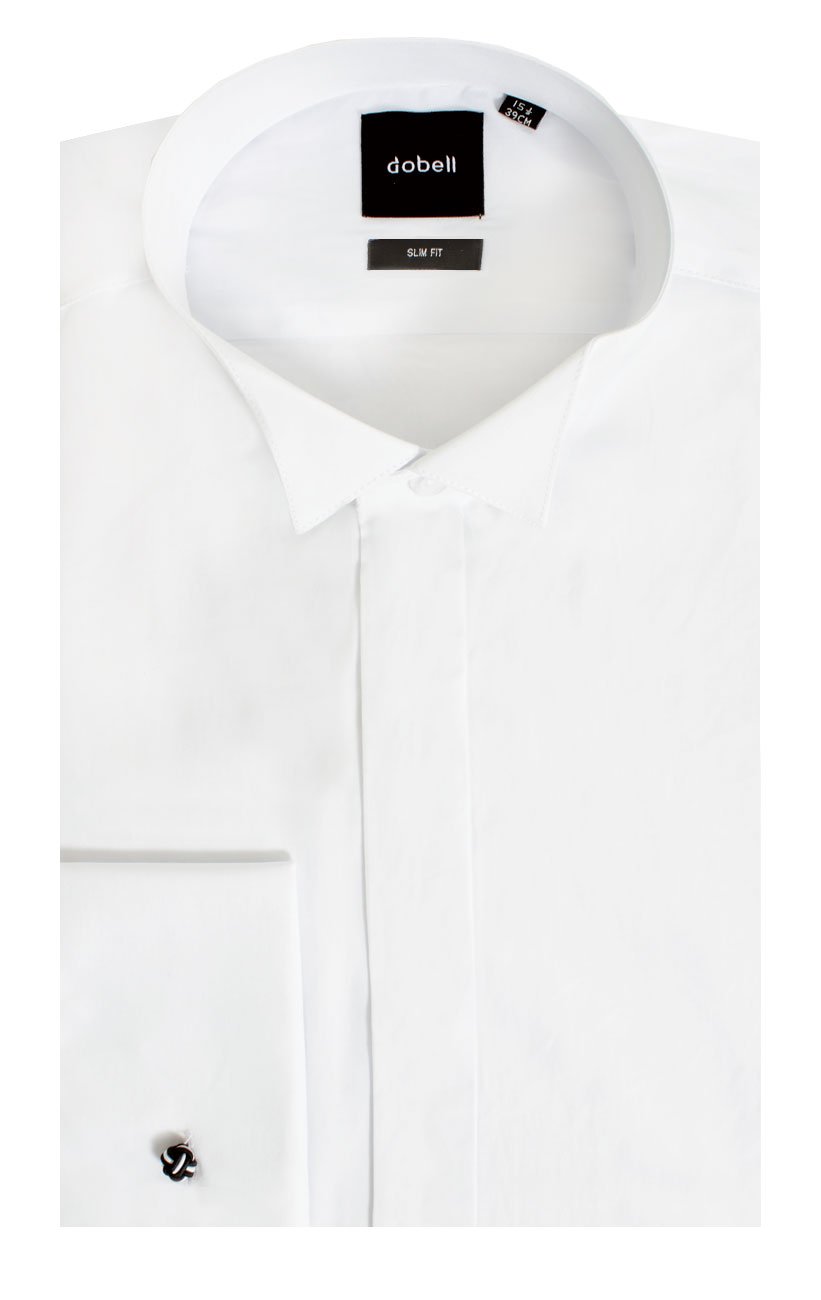 Dobell Mens White Tuxedo Shirt Slim Fit 100% Cotton Wing Collar Plain Fly Front Double Cuff