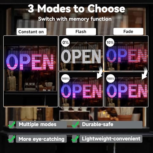 Image of LED Open Signs for Business, 48 inch x 17 inch Large Open Sign LED with 3 Scene Modes, Ultra Bright Adjustable Light Up Sign for Storefront Window Glass Door Shop Store Bar Cafes Restaurant (US Flag)