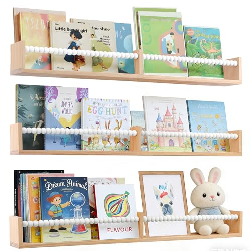 birola Nursery Bookshelf,Set of 3 White Wood Floating Bookshelf for
