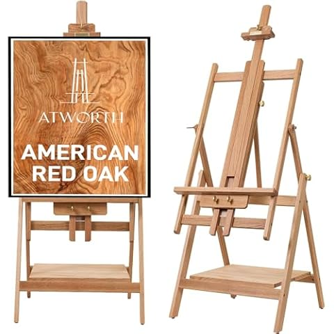 ATWORTH American Oak Large Studio H-Frame Painting Easel, Hold Canvas up to 60”, Deluxe Wooden Adjustable Artist Floor Easel Stand with Large Built-in Storage Shelf Cover