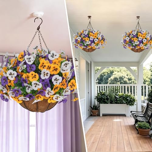 Image of 2 Set Artificial Hanging Flowers with Basket for Outdoor Decor, 24 Pcs Silk Pansy Fake Plants for Garden Porch Patio Balcony Yard Home Decoration