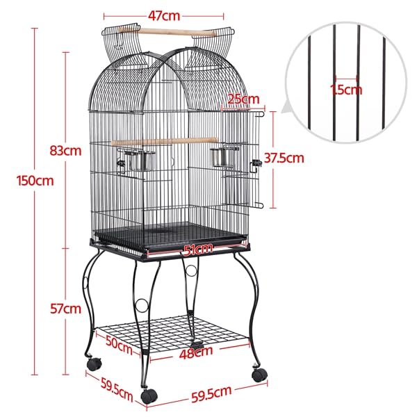 Gabbia Voliera per Uccelli Pappagalli in metallo con Carrello di 4 ruote girevoli e posatoi Nera 59 x 59 x 150 cm