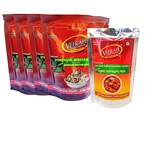 Image of VEERAH-TASTE MATTERS Foods Dindigul Biriyani Mix 800G (Pack Of 4) And Madurai Kari Kuzhambu Powder 100G(Pack Of 1)