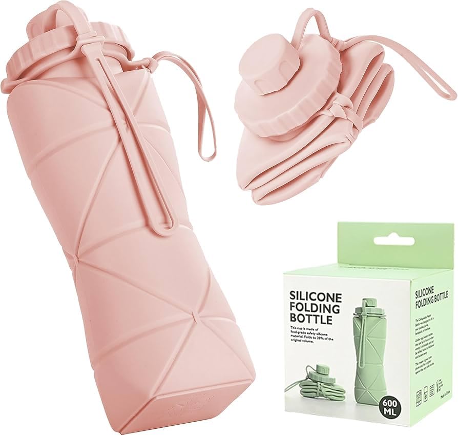 Image of Silicone Folding Water Bottle 600ML for Travel, Gym, Office, School - Food Grade, Leakproof, Lightweight & Reusable | Portable Collapsible Bottle for Men & Women (Pink)