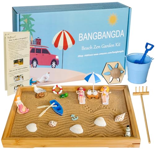 Desktop Miniature Beach Zen Garden - Mini Home Office Tabletop Sandbox Bamboo Rakes Stamps Tray Tool Accessories Kit Meditation Relaxation Decor - Stress Relief Therapy Gifts Kids Adult Father Mother