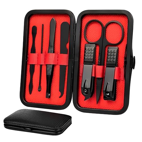 Kit Manicure e Pedicure 7 Peças Milano Premium – Estojo Portátil Preto/Vermelho, Aço Inox, Alicate, Tesoura e Ferramentas de Unha para Viagem
