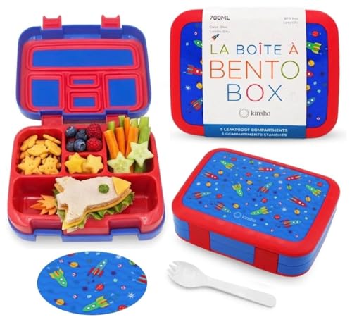 Image of Kinsho Bento Lunch Box for Kids Toddlers, 5 Portion Control Sections, BPA Free Removable Plastic Tray, Pre-School Kid Toddler Daycare Lunches, Snack Container Ages 3 to 7 (Blue Space Rockets)