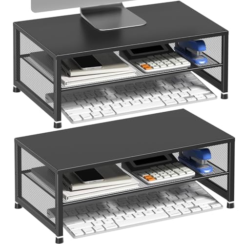 Image of ECOLOVI 2-Tier Computer Monitor Stand Riser, Printer & Laptop Stand, Office Desk Accessories, Workspace Desk Organizer for Home Office Supplies, Black 2-Pack