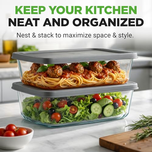Image of NutriChef 4 Piece Glass Loaf Pan Set with Lids - Stackable 1.9 QT /62oz Glass Bread Baking Dishes - 2 Food Storage Containers + 2 Airtight Lids, Oven & Microwave Safe, Dishwasher Safe - Clear