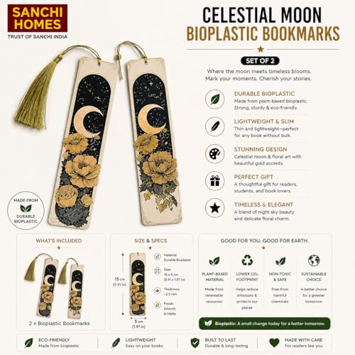 Image of 2 Pack MoonBloom Aesthetic Bookmark with Tassel | Crescent Moon & Floral Design | Page Markers for Books | Gift for Book Lovers, Readers, Girls | Durable Bioplastic