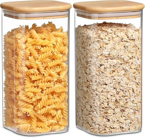 Image of MARTVIA Glass Food Storage Jars with Bamboo Lids 1500ml Set of 2, Wide Mouth Lid Jar for Home Kitchen,Flour, Sugar, Coffee, Pasta, Oats, Grains, Cookies, Snacks (Sqaure 1500 ML Jar, SET OF 2)
