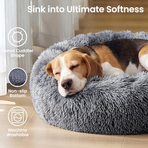 Image of JOLLYVOGUE Calming Dog Beds Extra Large Sized Dog, 45in Donut Washable Large Pet Bed, Anti-Slip & Anti-Anxiety Fluffy Faux Fur Round Dogs Bed, Fits up to 125 lbs Pets (Smoke Black)