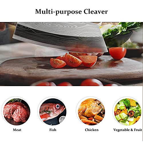 BLADESMITH Cleaver Knife for unfrozen meat and vegetable, 7" Chinese Chef's Kitchen slicer, Razor sharp HC German Stainless Steel blade with lasered damascus pattern, pearwood Handle — view 2