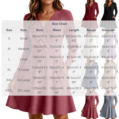 Rtdyvyuhb Long Sleeve Dress for Wedding Guest V Neck Ribbed Pleated 2026 Fall Sweater Dress Cute Casual Mini A Line Dresses Brown Small - image 5