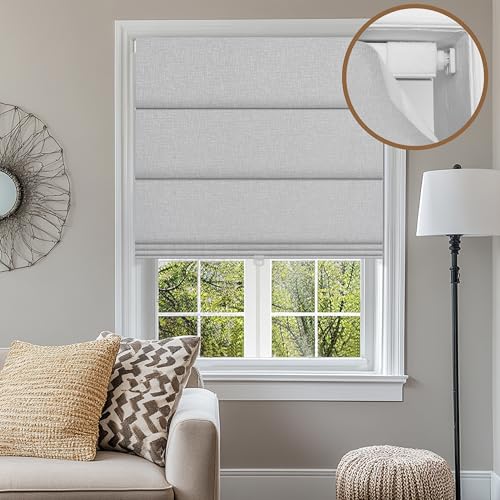 BERISSA No Drill Blackout Roman Shades for Windows, Cordless Linen Fabric Roman Blinds for Windows,Pull Down Room Darkening Window Shades for Home Office,Marble Grayish White,56