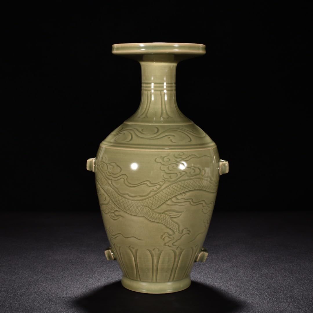 Amazon.co.jp: 五代秘色越窯 青磁 刻龍文盤口瓶 唐物 陶磁器 中国美術