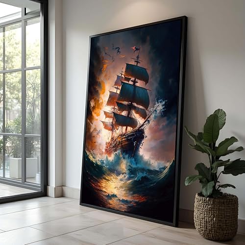 Peinture à l'huile sur toile d'une tempête en mer avec voilier abstrait
