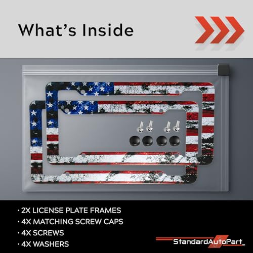 Image of StandardAutoPart American Flag License Plate Frames - Plastic USA Flag Car Tag Holder with Screws Caps and Patriotic Decals - Universal Fit (American Flag - 2 Pack)