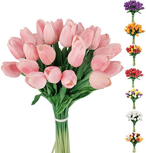 C APPOK 30pcs Artificial Tulips Flowers Fake Latex Tulip Stems - Real Touch Faux Pink Tulips Flower for Easter Summer Wedding Bouquet Centerpiece Floral Arrangement Cemetery Table Decor