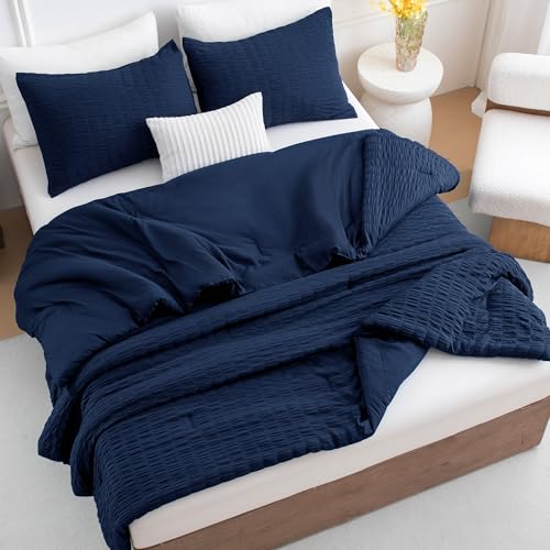 Image of Andency Navy Blue Full Size Comforter Set with Seersucker, 3 Pieces Soft Bedding Set for Boys Girls, All Seasons Breathable Bed Comforter with 2 Pillowcases, 79x90 inches