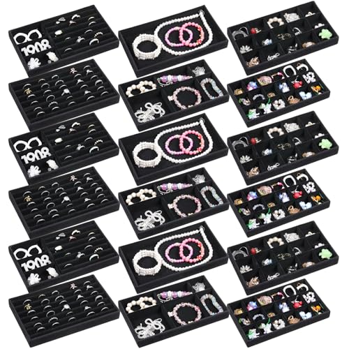 Zyghjort 18 Pack Velvet Jewelry Trays, Stackable Jewelry Drawer Organizer Inserts with Removable...