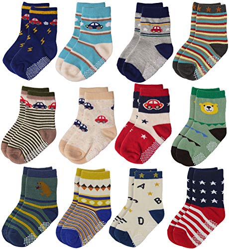 12 Pairs Baby Boys Toddler Non Skid Cotton Socks with Grip 1-3 Years by Flanhiri (1-3 Years, 12 pairs)