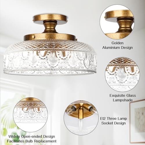 Lamomo Semi Flush Mount Ceiling Light, 3-Bulb Hallway Light Fixture, Antique Brass Gold Globe Glass Close To Ceiling Light,Indoor Hanging Light For Bedroom Kitchen Porch Hallway,Bulbs Not Included thumb #1