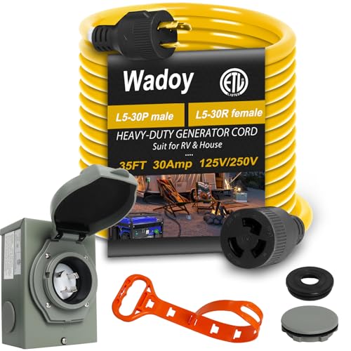3 Prong Generator Cord 30 Amp, SJTW 3X10AWG Generator Power Inlet Box and 35Ft Generator Power Extension Cord NEMA L5-30P to L5-30R 125V, 3750W Generator Power Inlet Organizer Combo Kit ETL Listed