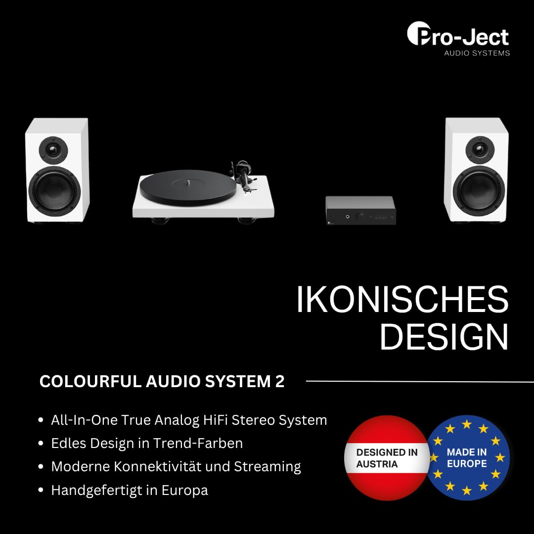 Pro-Ject Colourful Audio System 2 – Komplettes HiFi Set mit Plattenspieler, Verstärker & Lautsprechern (Matt Weiß)