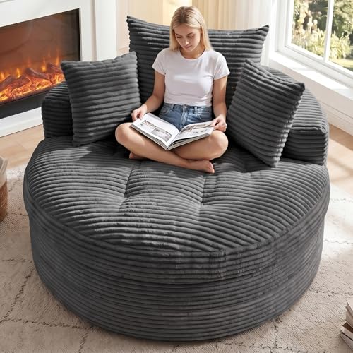 Oversized Round Chaise Lounge Chair Deep Seat Cloud Boneless Floor Sofa Couch Upholstered Corduroy Sleeper with 3 Pillows & Optional Ottoman No Assembly Modern Lazy Floor Lounger for Living Room