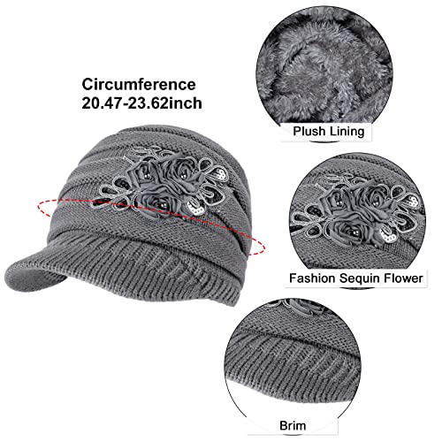 Ysense Womens Hats Winter Beanie With Brim Warm Cable Knit Newsboy Cap Visor With Sequined Flowerisor With Sequined Flower,B-Grey #TOP2