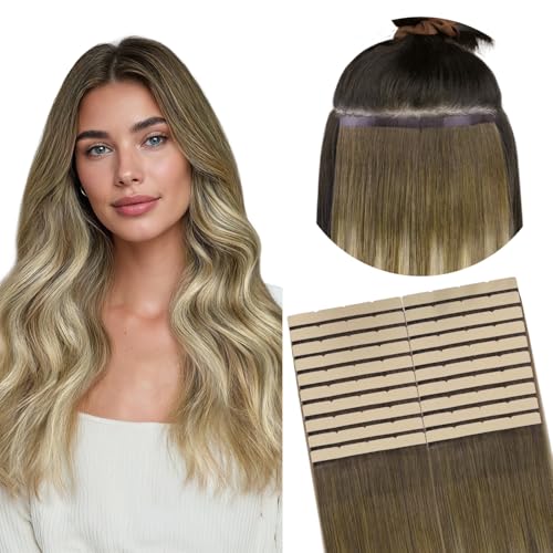 Image of GOO GOO Tape In Weft Hair Extensions Human Hair, 3 /8 /613 Walnut Brown to Ash Brown and Bleach Blonde, 8cm Wide Tape, 20inch 20pcs 160g, Tape Weft Hair Extensions, Seamless Tape in